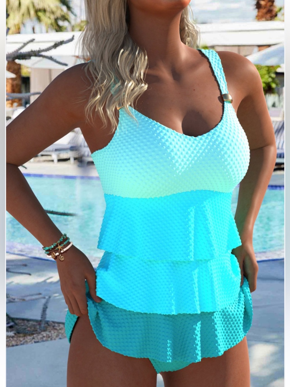 NWOT MODLILY®Patchwork V Neck Cyan Tankini Set  Size L